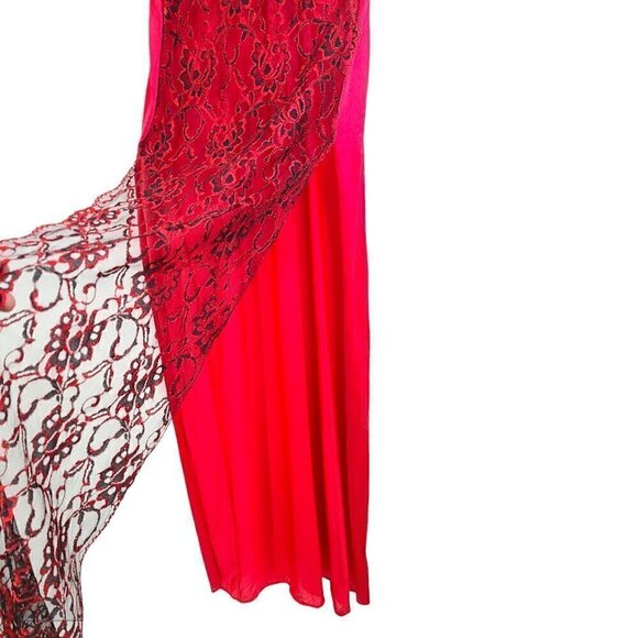 Vintage 1960 BOLD Red & Black Lace Floral Liquid Satin Nylon Maxi long Lingerie - Picture 6 of 10